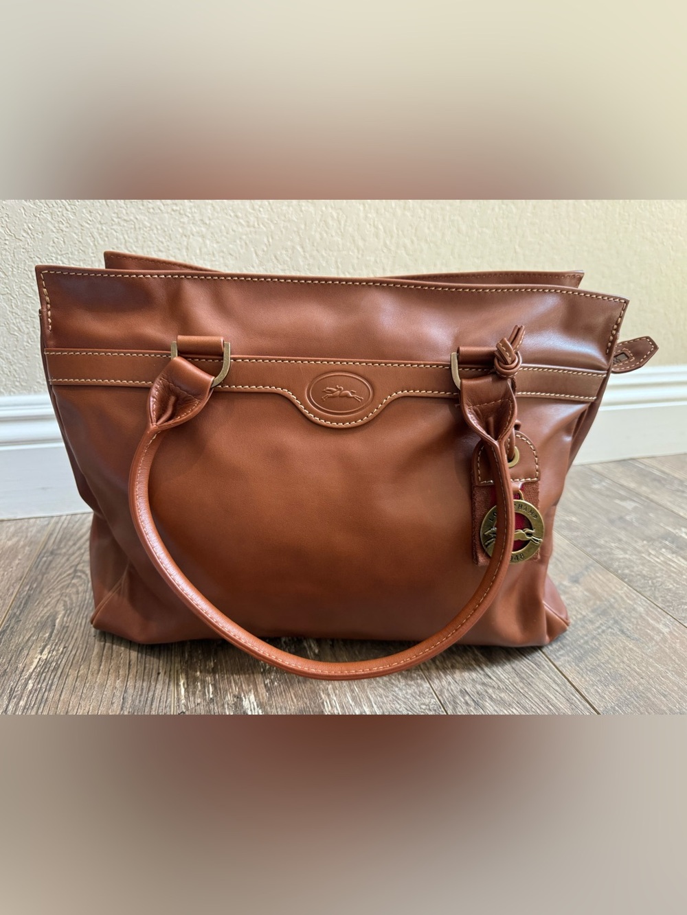 Longchamp Cognac Brown Leather Tote Bag Horse 1948 Charm Top Handle Dust Bag